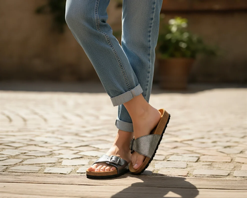 kožne srebrne natikače sa širim remenom