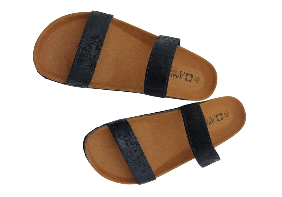 Ljetne zenske natikace sa dva remena bez kopcanja tamno plava s uzorkom 7