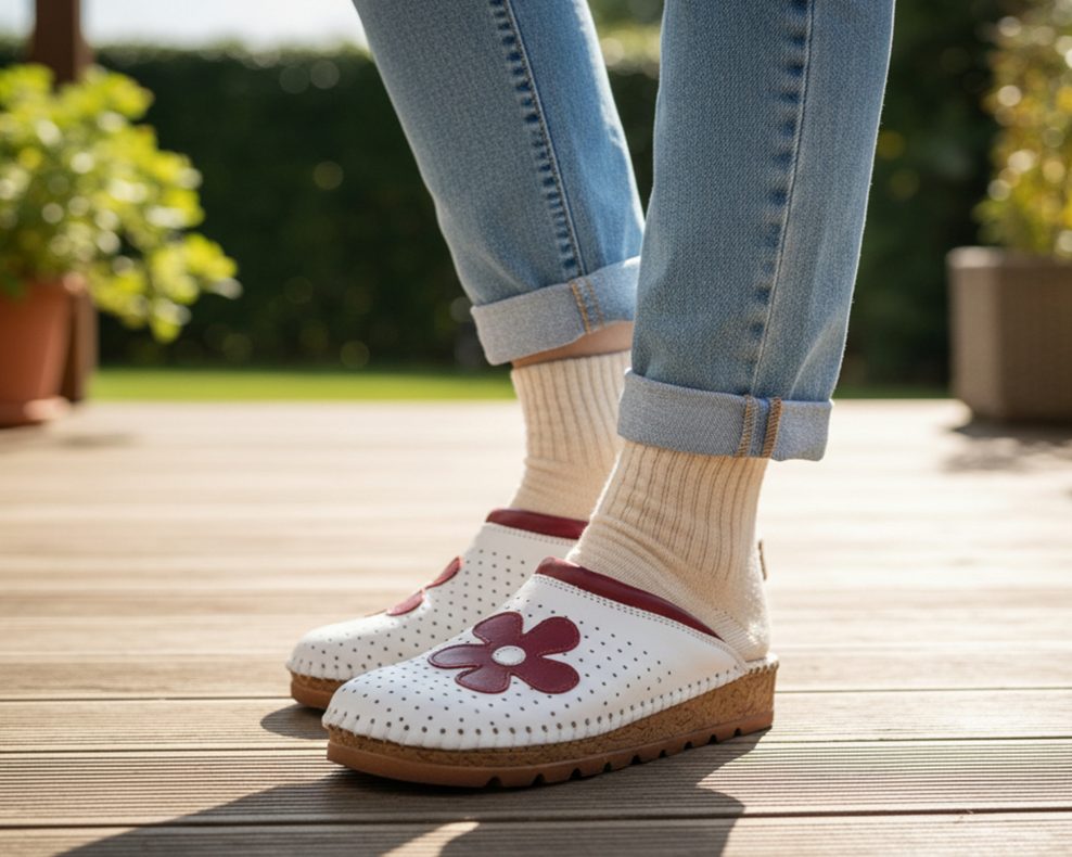 bijele klompe sa bordo cvijetom