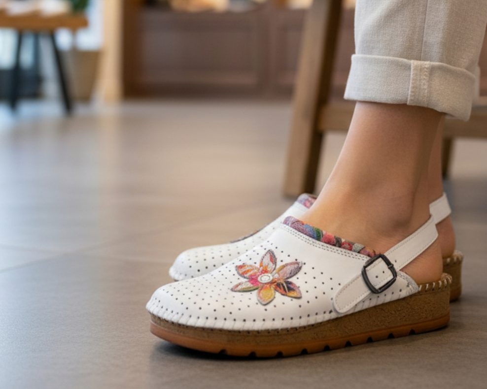 bijele radne klompe sa prišivkom cvijeta