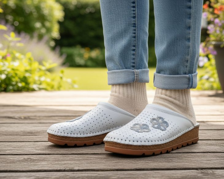 kožne klompe bijele, sa prišivcima cvijeta