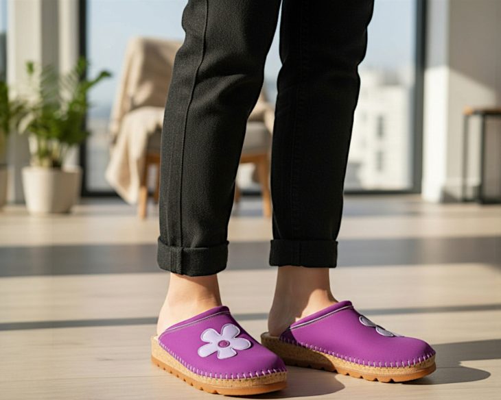 ljubičaste anatomske klompe, sa svjetlo lila cvijetom