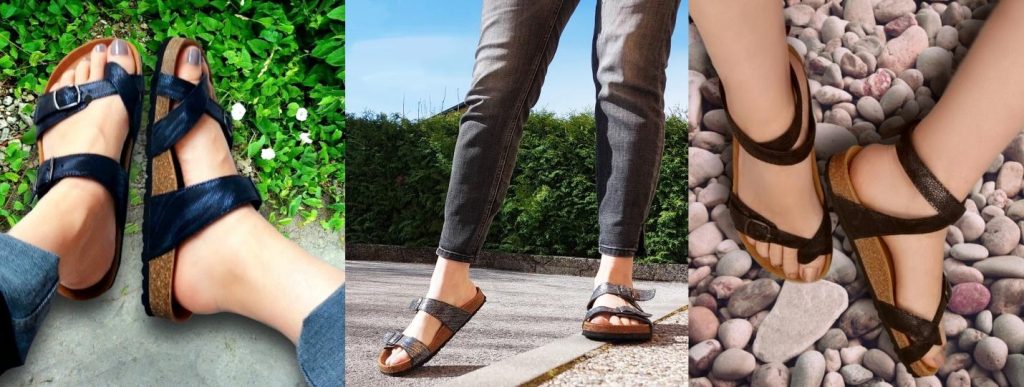 Crno, smeđe i sive sandale za žene.