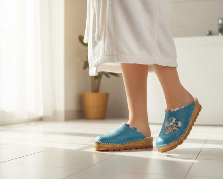 svjetlo plave kožne klompe sa šarenim cvijetom