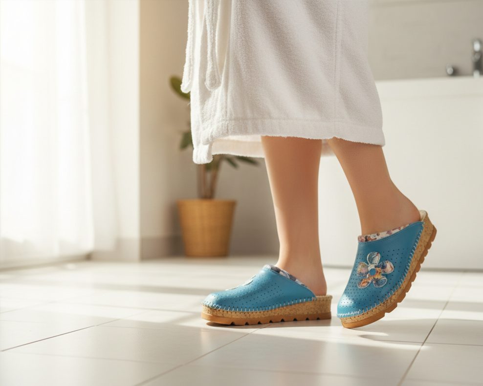 svjetlo plave kožne klompe sa šarenim cvijetom