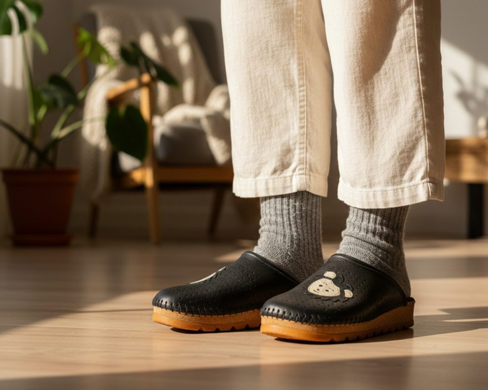 crne kožne klompe sa crnim lavičima