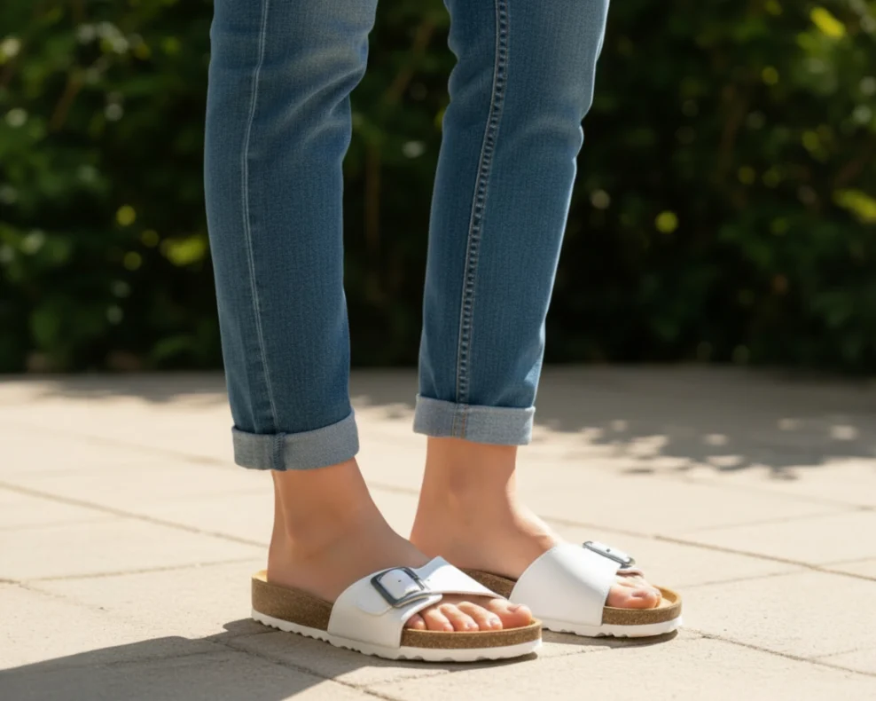 bijele kožne natikače sa jednim remenom