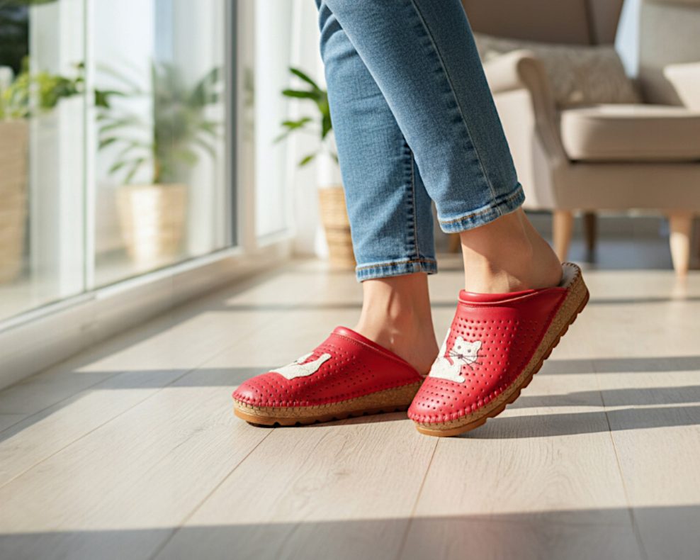 crvene kožne klompe sa prišivcima mačke