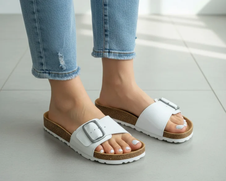 Krupni plan ženskih stopala u bijelim lakiranim natikačama s anatomskim plutenim đonom i širokim remenom, u kombinaciji s trapericama