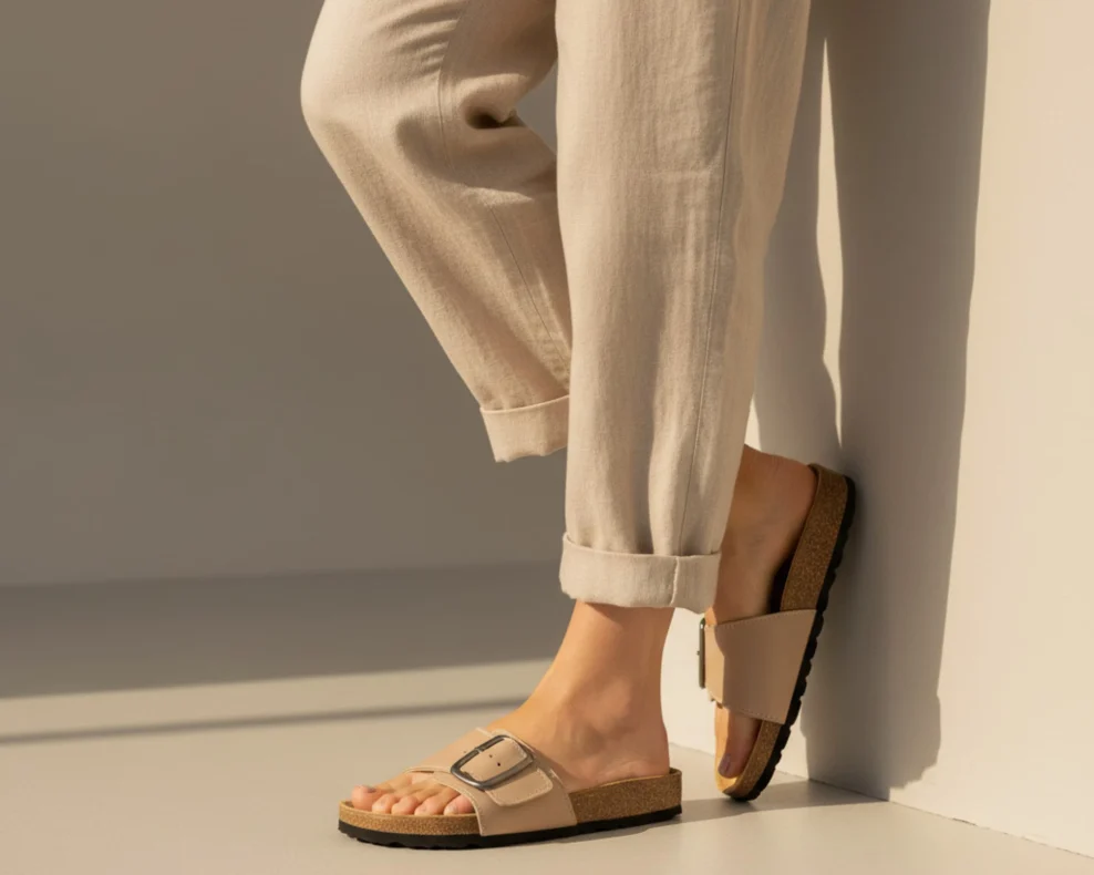 Modna kombinacija uz bež Anatomic kožne natikače i lanene hlače.