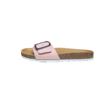 Profil ružičaste kožne natikače s bijelim rebrastim potplatom i tamnom kopčom.