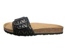 Bočni prikaz anatomske natikače s đonom od pluta i crnim kožnim remenom.