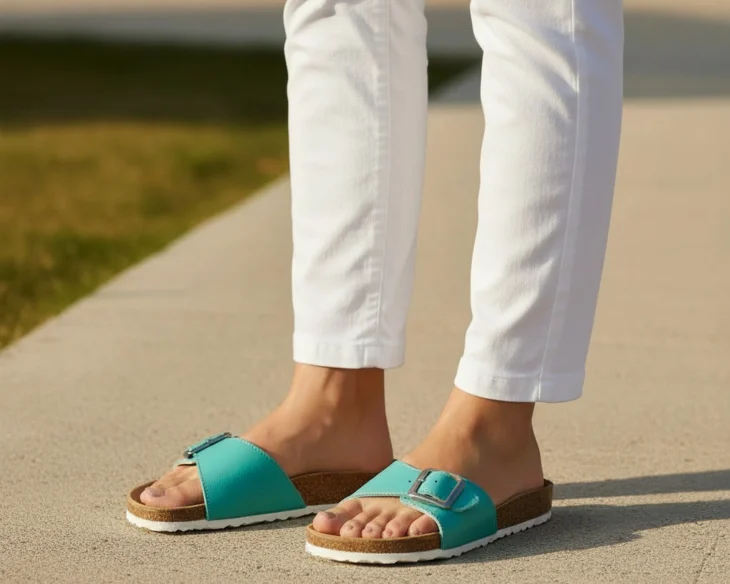 tirkizne natikaze model bijele hlace.